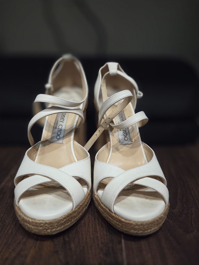 [Box in the back] Jimmy Choo Off White Alanah 105 Leather Wedge Sandals, 38.5