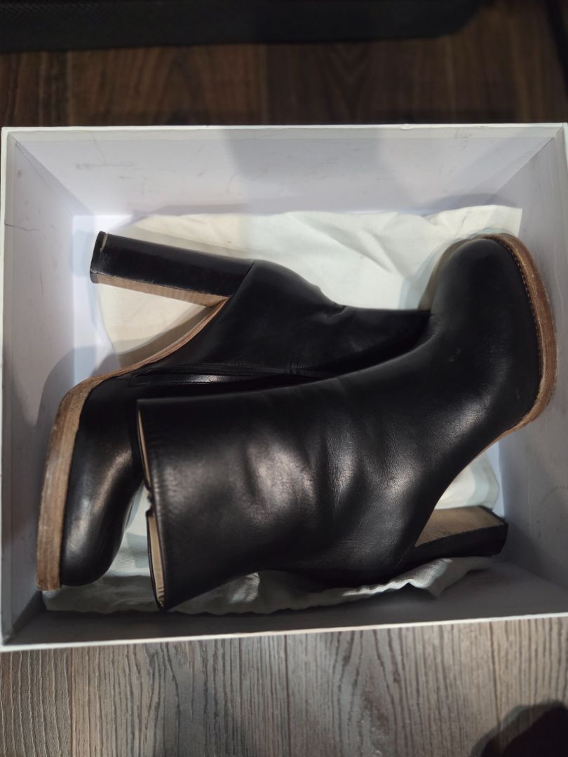 [Box above] Celine  Black Leather Stacked Heel Boots, 37.5