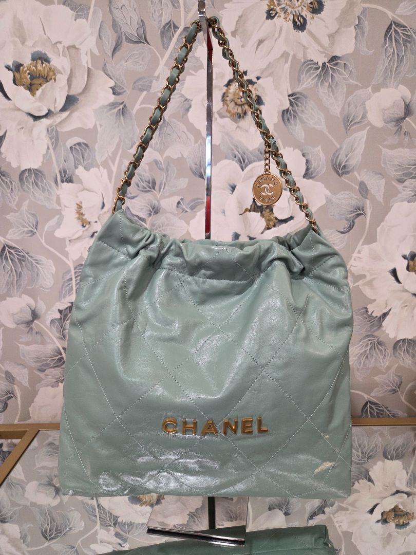 Chanel Mint Green Shiny Calf Leather Chain Hobo Bag