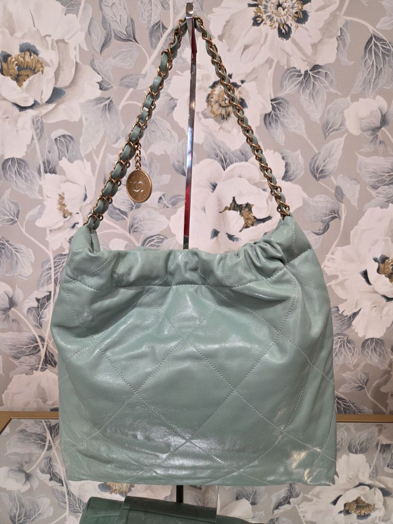 Chanel Mint Green Shiny Calf Leather Chain Hobo Bag