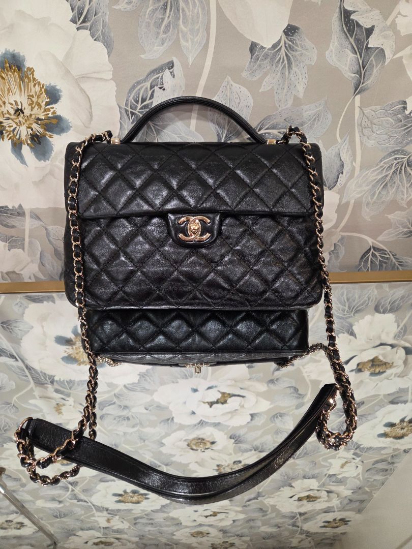 Chanel Black Gold Bar Top Handle Flap Bag