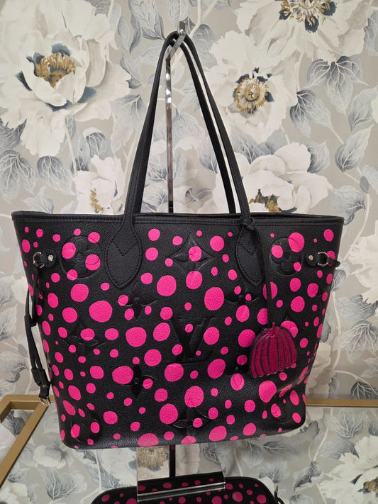 Louis Vuitton Black Hot Pink x Yayoi Kusama Monogram Empreinte Leather Neverfull MM