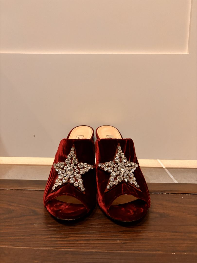 [Box in Back]  Attico Burgundy Debbie Velvet Crystal Embellished Sandals, 38