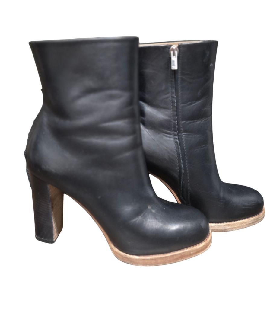 [Box above] Celine  Black Leather Stacked Heel Boots, 37.5