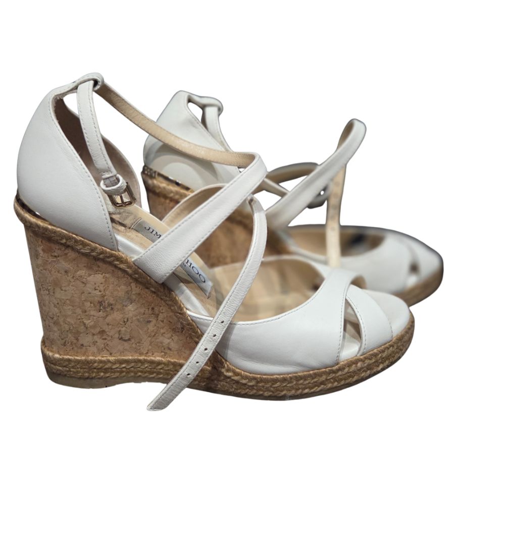 [Box in the back] Jimmy Choo Off White Alanah 105 Leather Wedge Sandals, 38.5