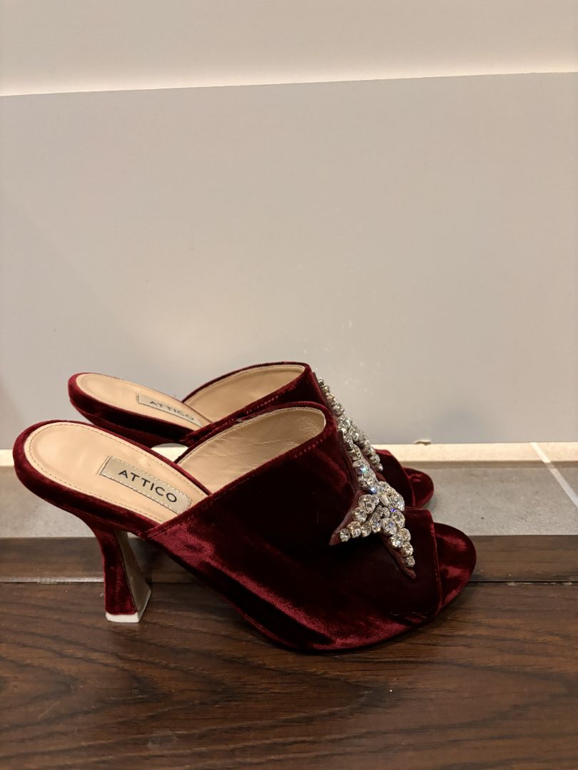[Box in Back]  Attico Burgundy Debbie Velvet Crystal Embellished Sandals, 38