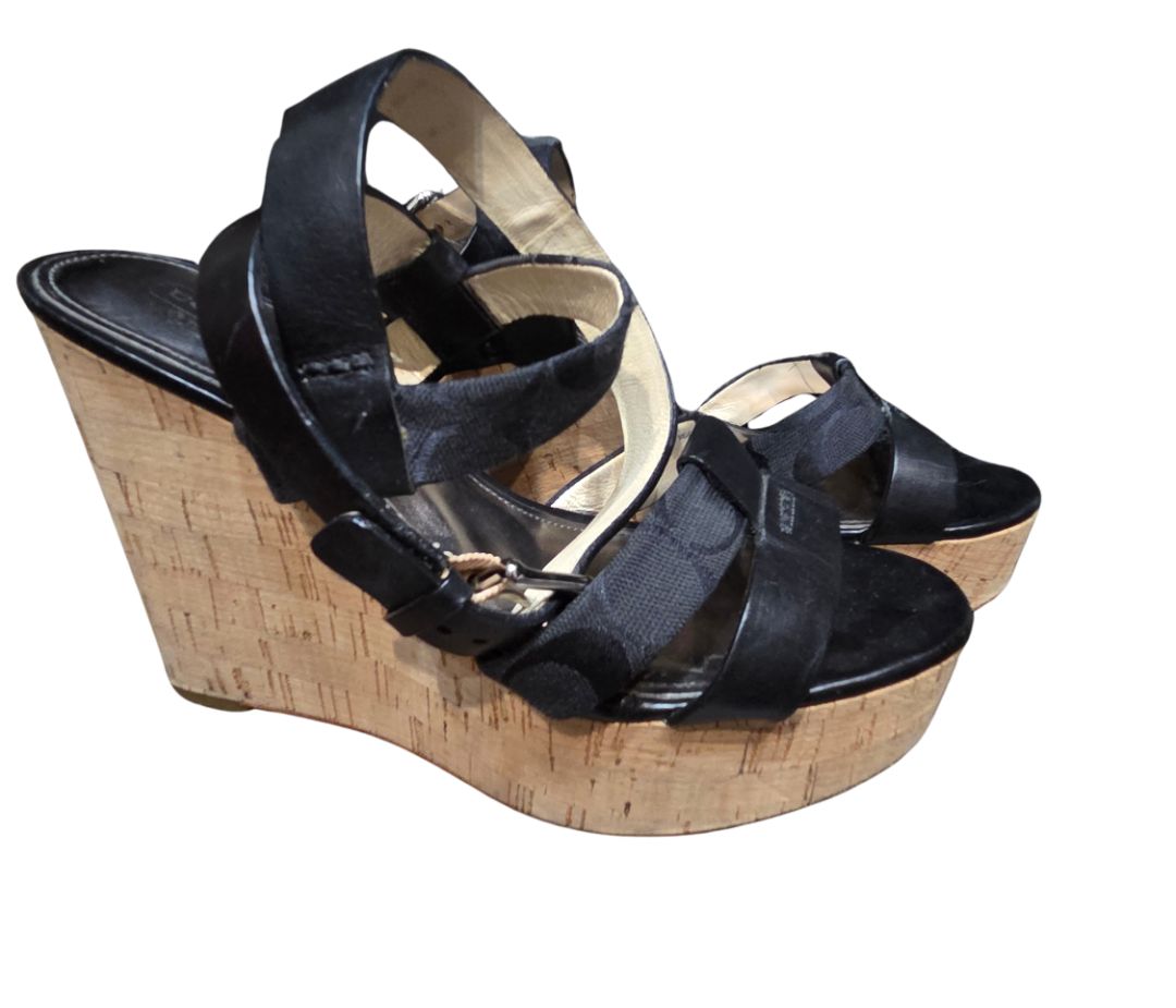 Coach Black Charla Leather and Logo Wedge Sandals, 8