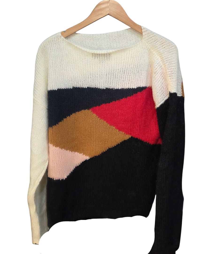 Burberry White Black Red Silk Mohair Colorblock knit Sweater, M