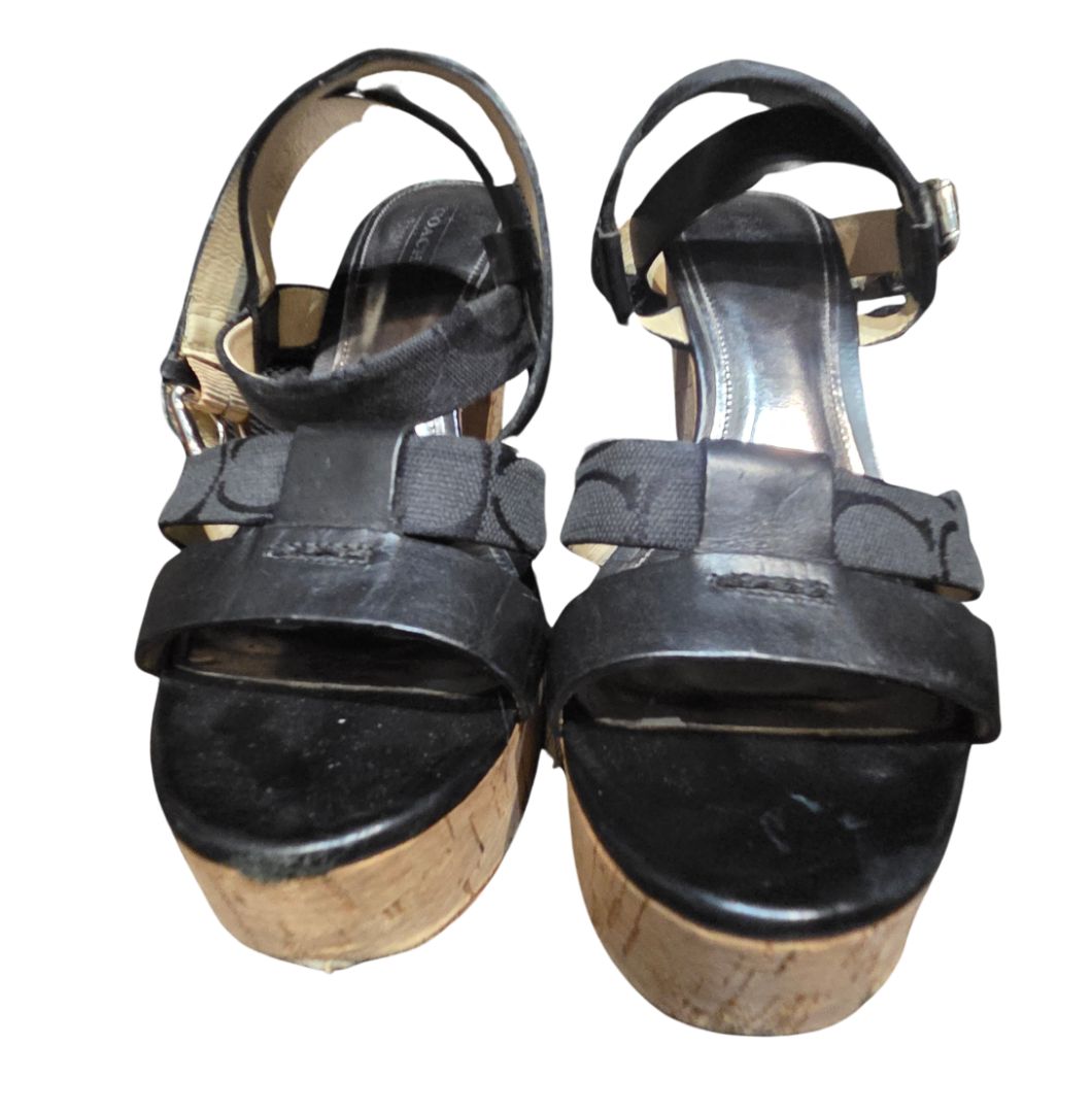 Coach Black Charla Leather and Logo Wedge Sandals, 8
