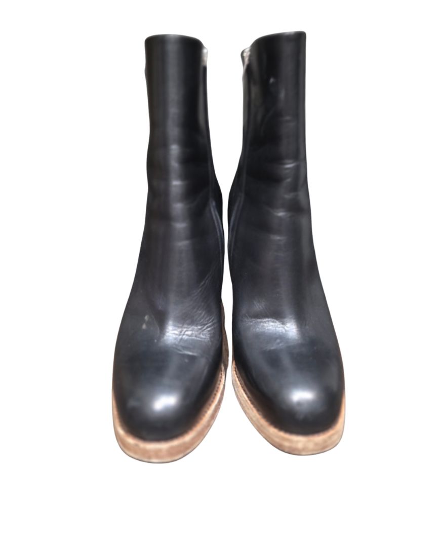 [Box above] Celine  Black Leather Stacked Heel Boots, 37.5