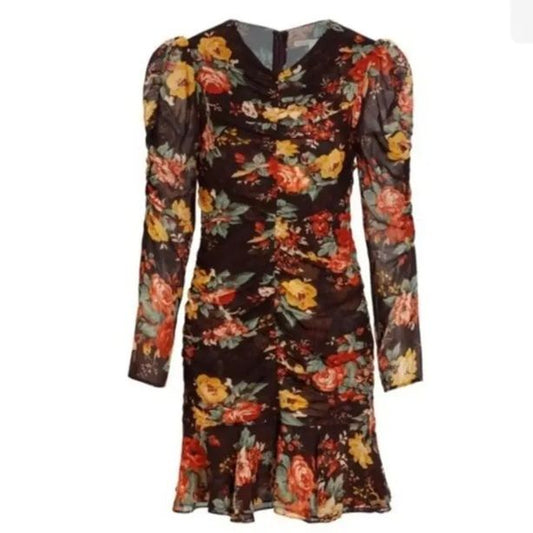 Veronica Beard Black Hedera Floral Ruched Silk Long Sleeve Mini Dress, 14