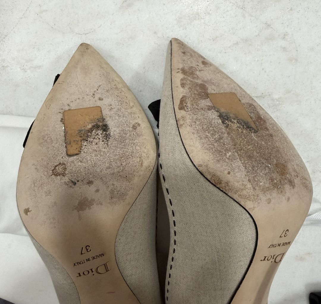 Christian Dior Tan Canvas Rose Pointed-Toe Pumps, 37