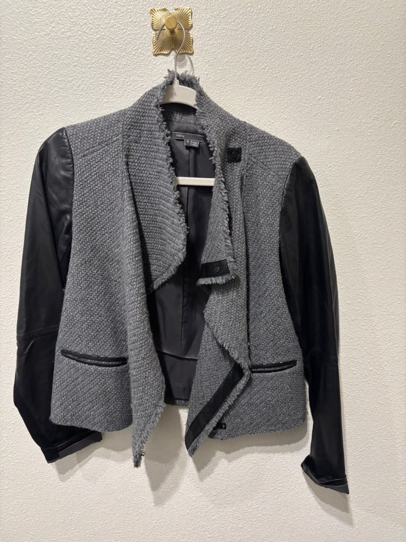 Vince Gray and Black Boucle Lamb Leather Sleeves Moto Jacket, S