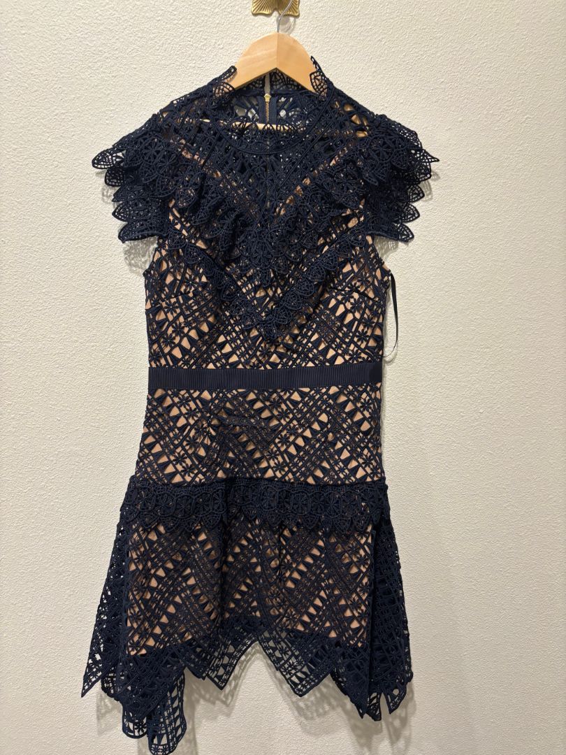 Self-Portrait Navy Handkerchief Hem Lace Dress, 6