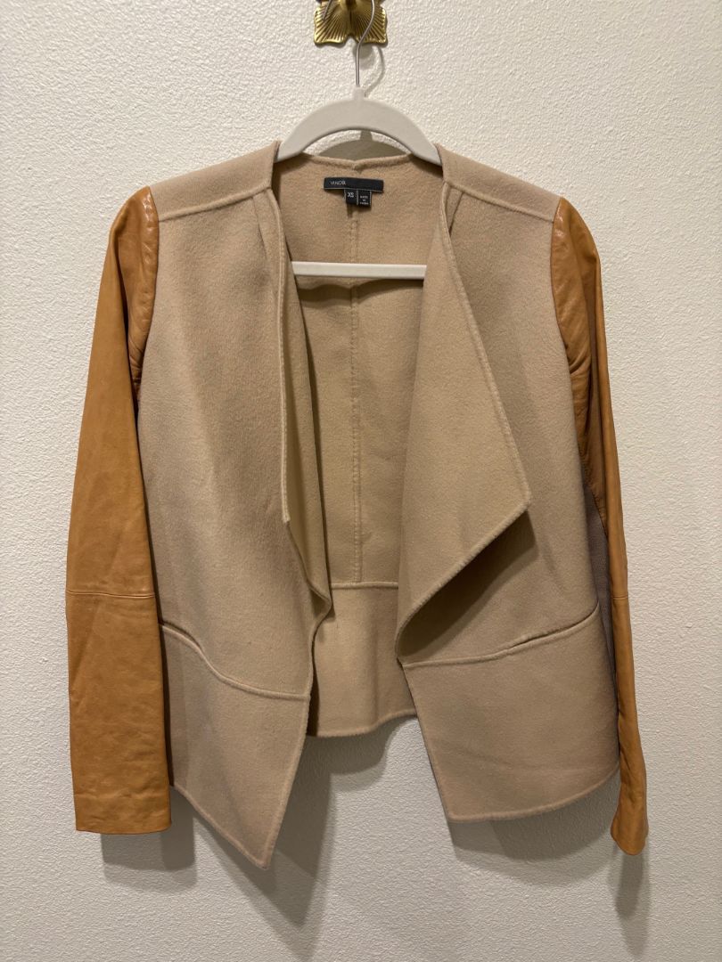 Vince Tan Lamb Leather Sleeves Drape Jacket, XS