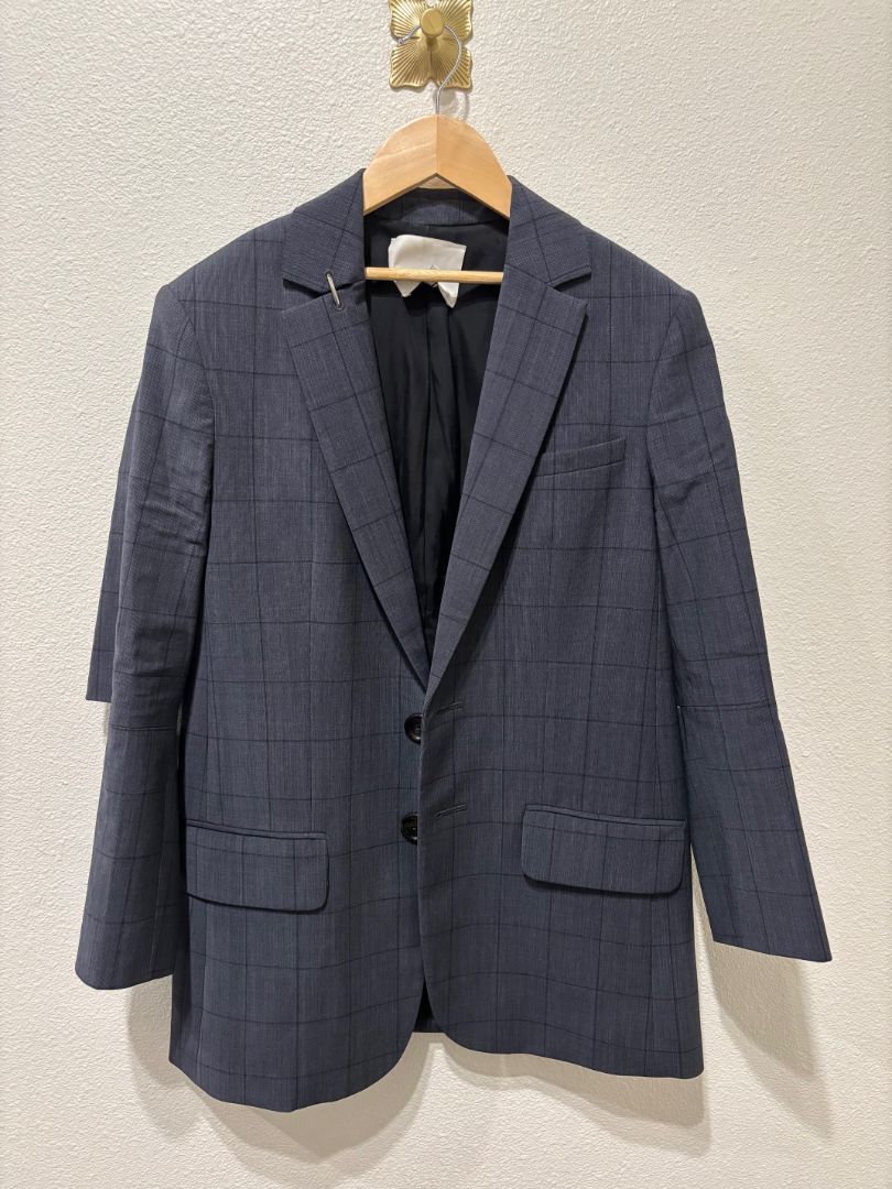 Tibi Gray Marlon Cutout Sleeve Silver Hardware Detail Plaid Blazer, 2