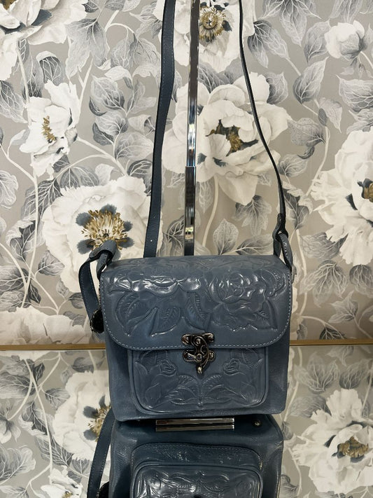 Patricia Nash Blue Leandra Etched Floral Flapover Bag