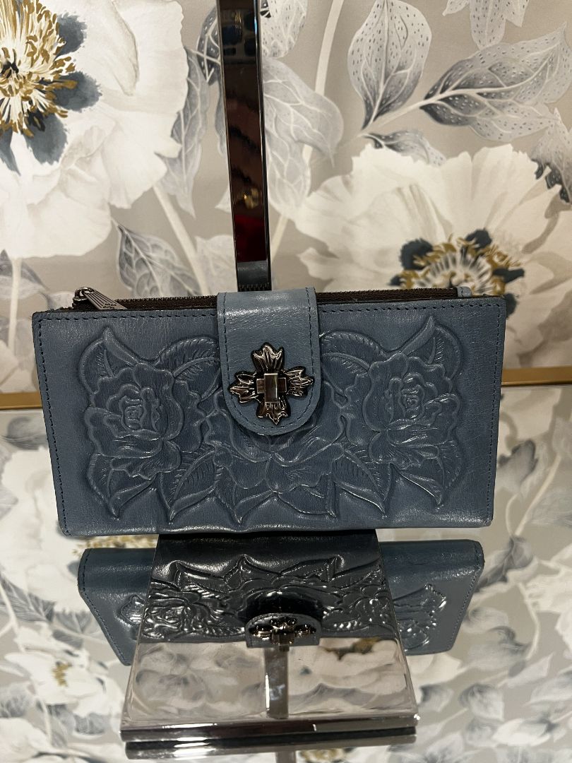 Patricia Nash Blue Leandra Etched Floral Wallet