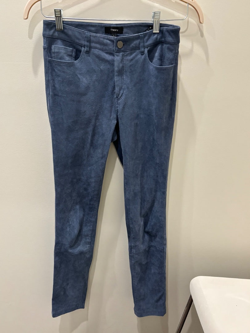 Theory Blue 5-Pocket Stretch Suede Pants, 4