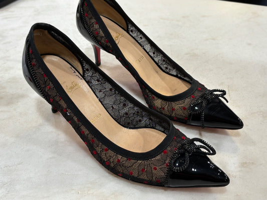 Christian Louboutin Black and Red Souris Lace and Patent Leather Pumps
