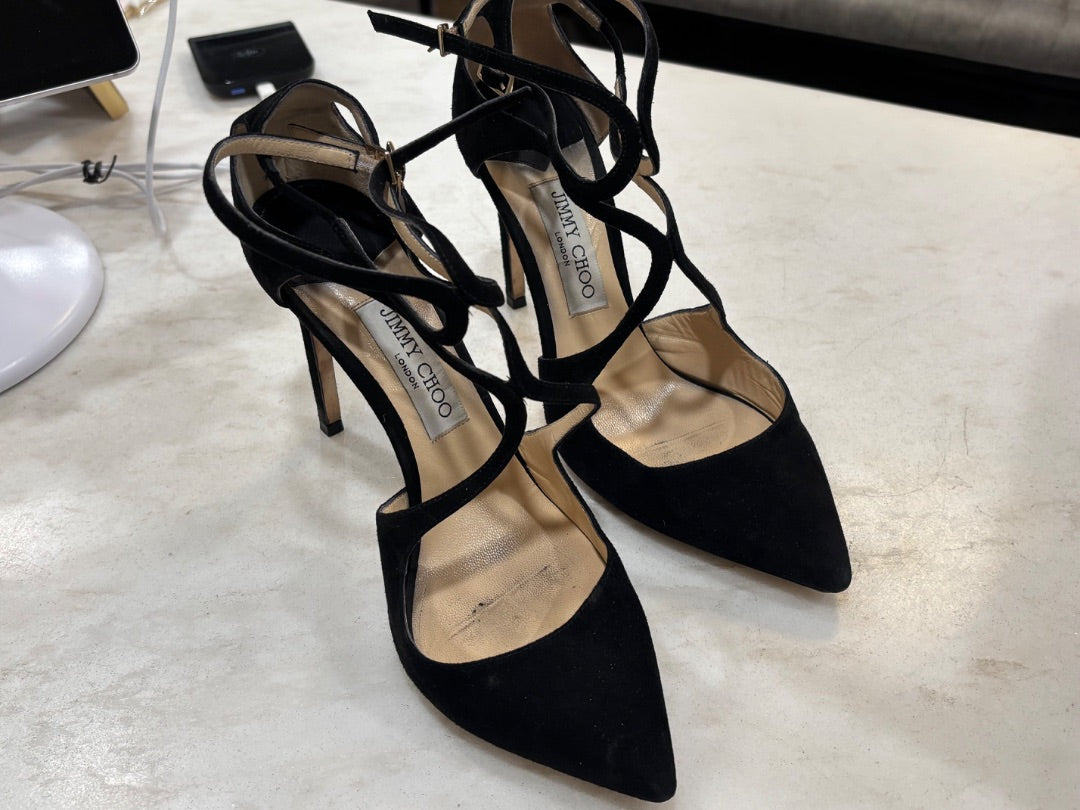 Jimmy Choo Black Lancer Suede Heels, 39.5