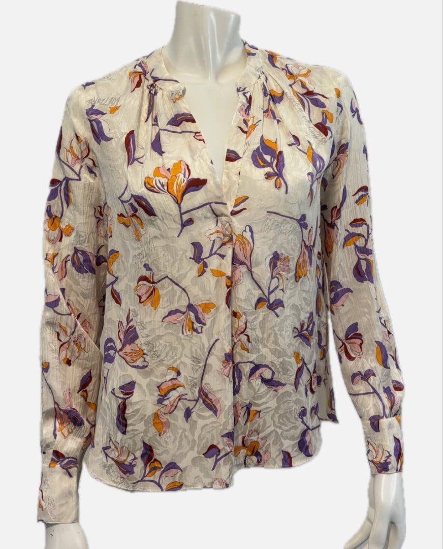 Zadig & Voltaire White with Floral Print Silk Blend Blouse, XS