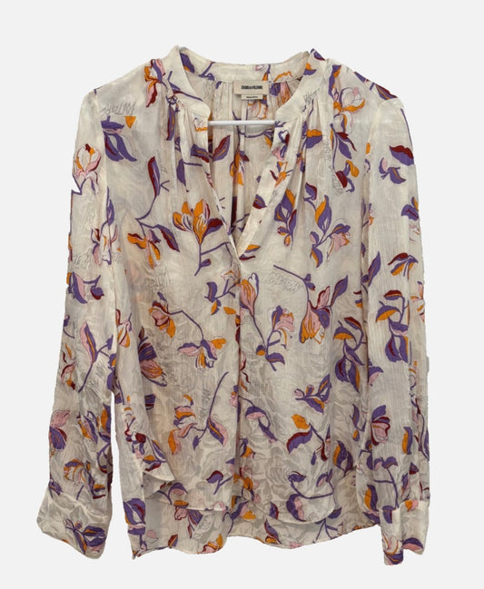 Zadig & Voltaire White with Floral Print Silk Blend Blouse, XS