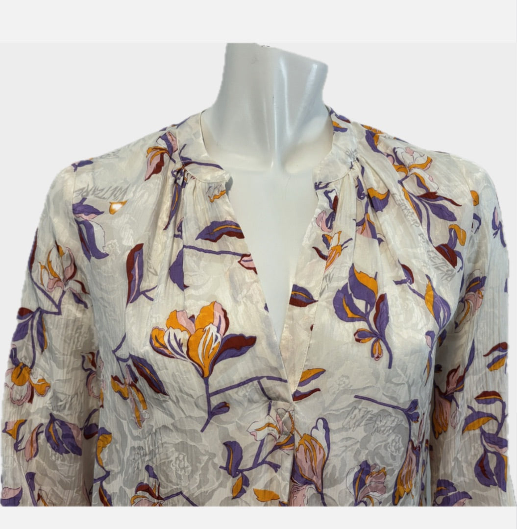 Zadig & Voltaire White with Floral Print Silk Blend Blouse, XS