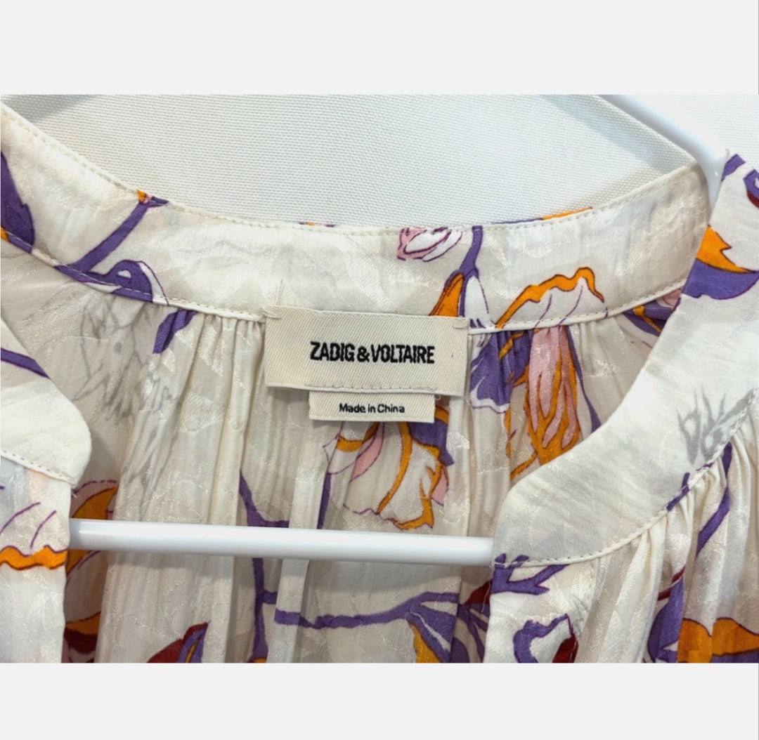 Zadig & Voltaire White with Floral Print Silk Blend Blouse, XS