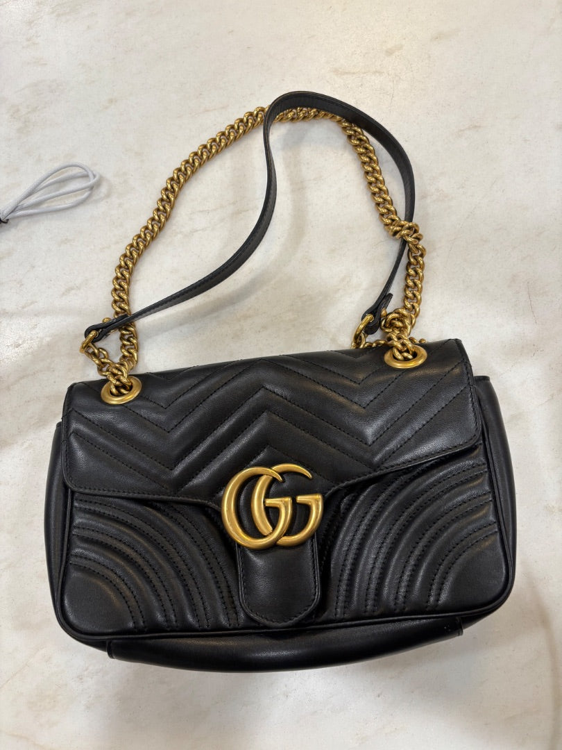 [Box in the back] Gucci Black & Gold GG Marmont Leather Shoulder Bag, S