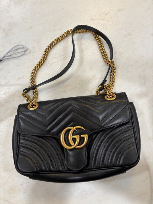 [Box in the back] Gucci Black & Gold GG Marmont Leather Shoulder Bag, S