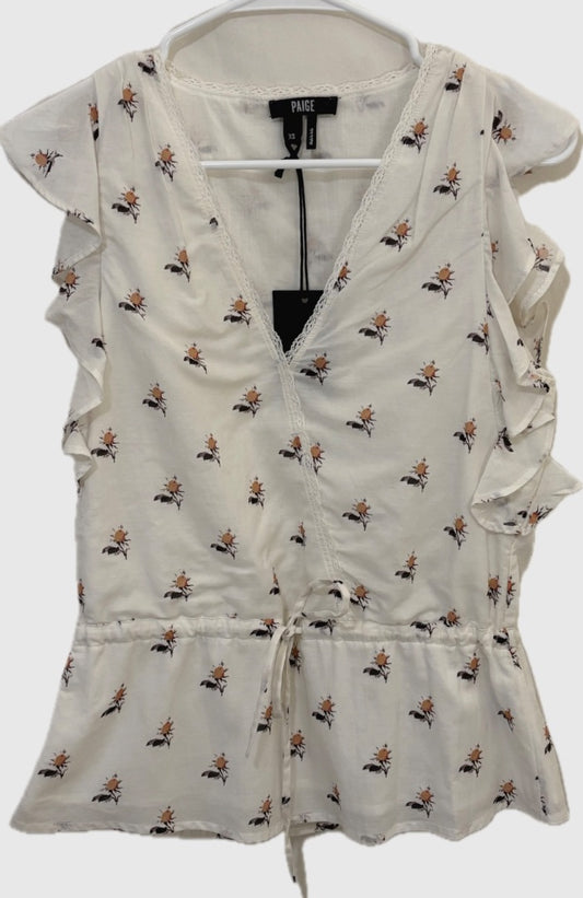 Paige White Hisbiscus Ruffle Sleeve NWT Top, XS