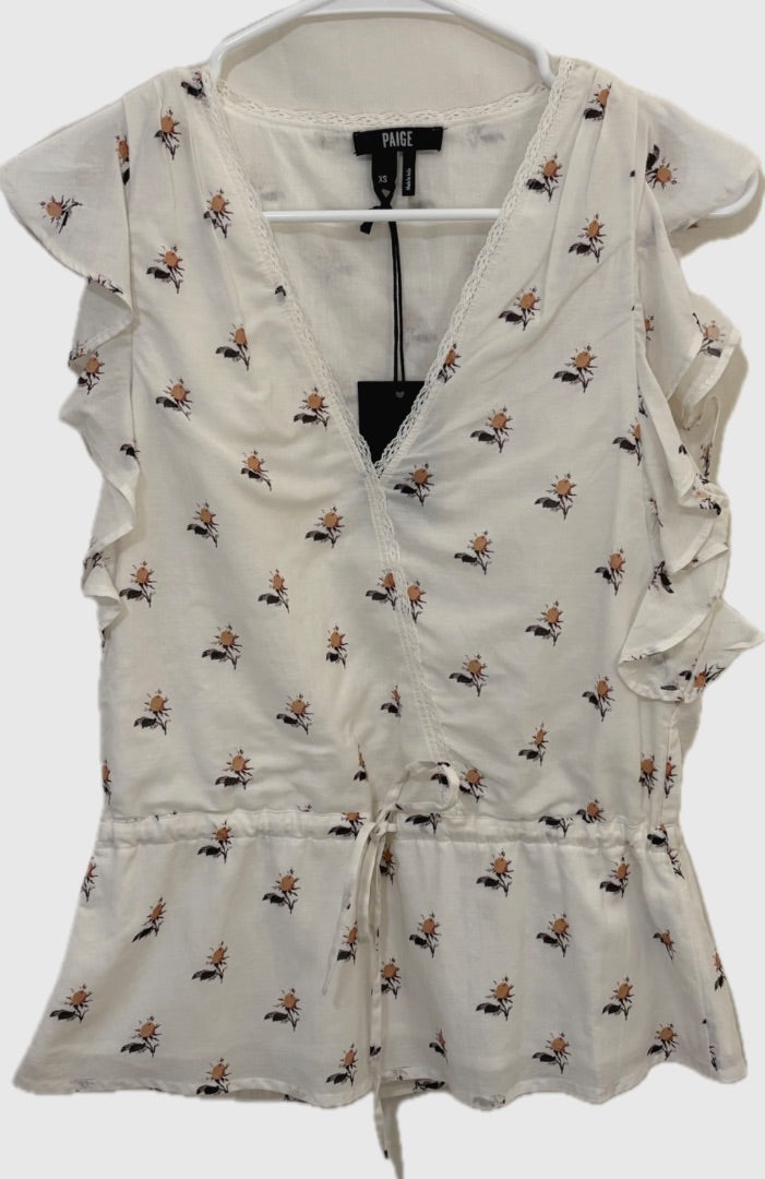 Paige White Hisbiscus Ruffle Sleeve NWT Top, XS