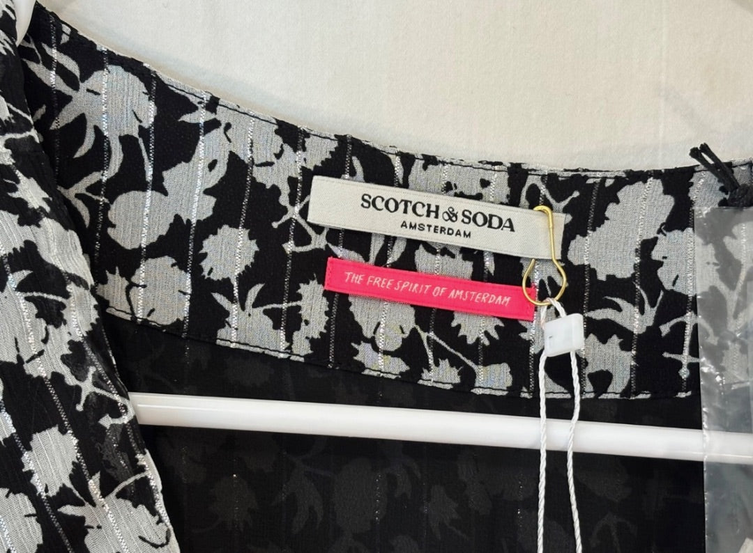 Scotch & Soda Black Metallic Floral Print V-Neck NWT Dress, 34