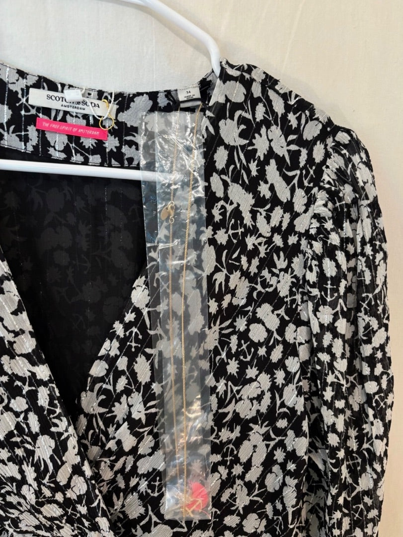 Scotch & Soda Black Metallic Floral Print V-Neck NWT Dress, 34