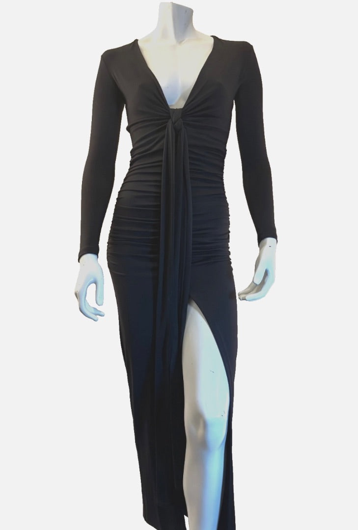 Susana Monaco Black Tie Front Slit V-Neck Dress, XS