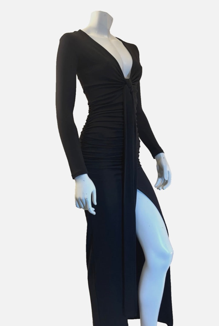 Susana Monaco Black Tie Front Slit V-Neck Dress, XS