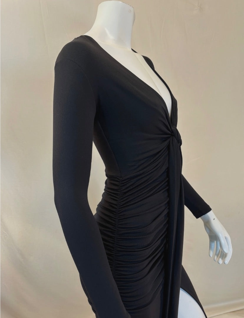 Susana Monaco Black Tie Front Slit V-Neck Dress, XS