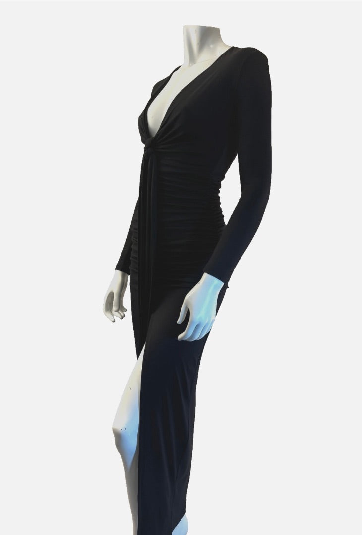 Susana Monaco Black Tie Front Slit V-Neck Dress, XS