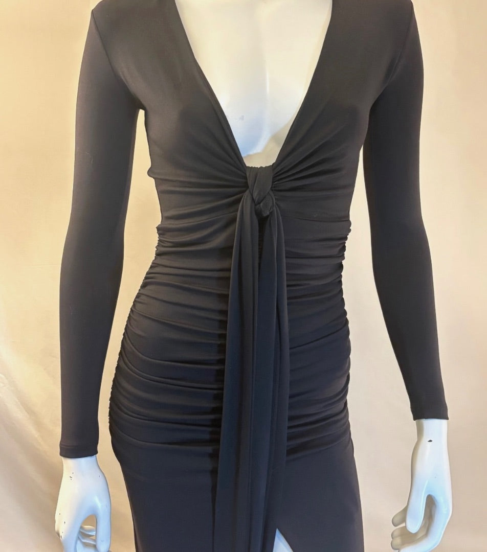 Susana Monaco Black Tie Front Slit V-Neck Dress, XS