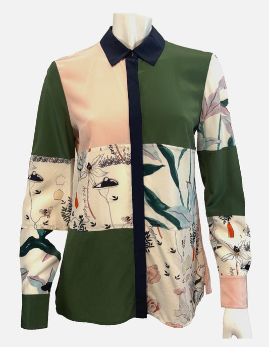 Tory Burch Multi-Print Long-Sleeve Silk Patchwork NWT Shirt, 6