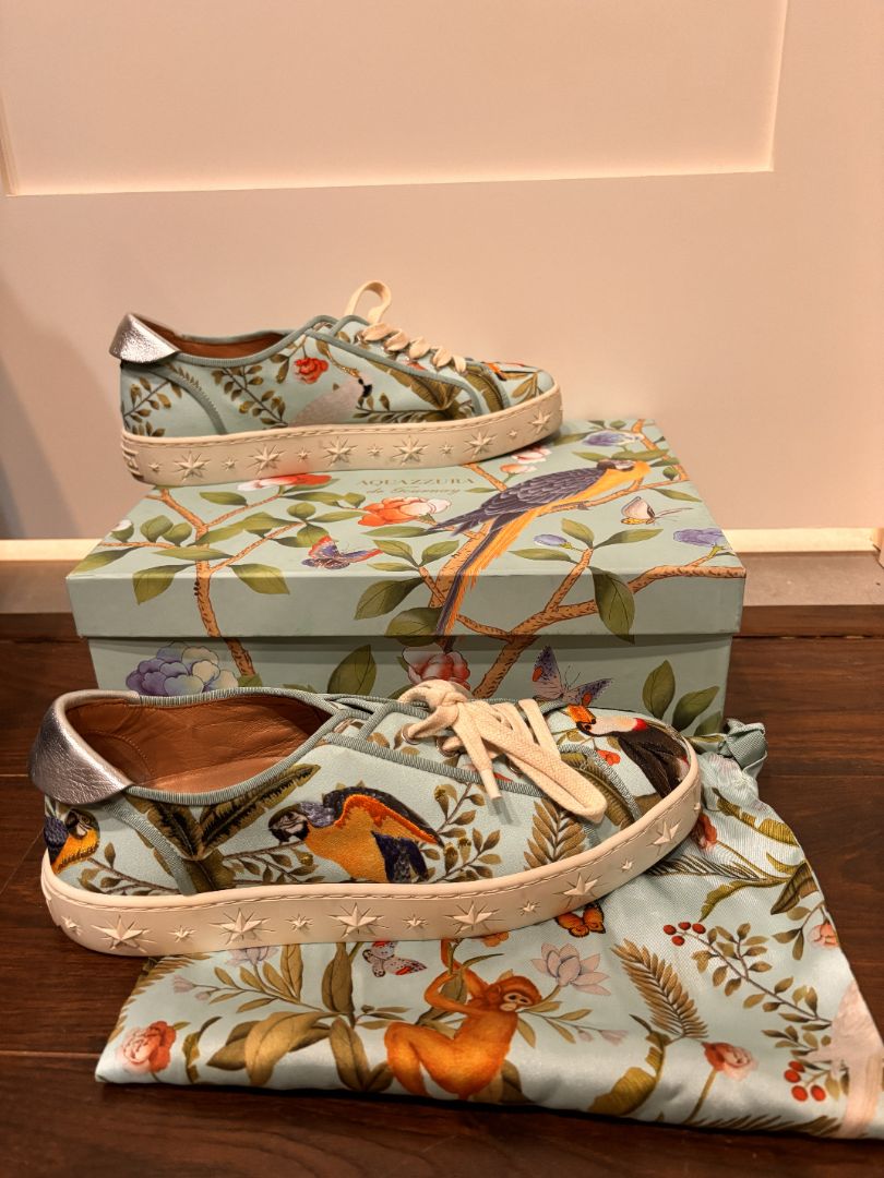 [Box in Back] Aquazzura Firenze Teal Multi-color Amazonia De Gournay Jacquard Sneakers, 39