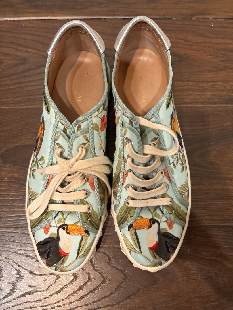 [Box in Back] Aquazzura Firenze Teal Multi-color Amazonia De Gournay Jacquard Sneakers, 39