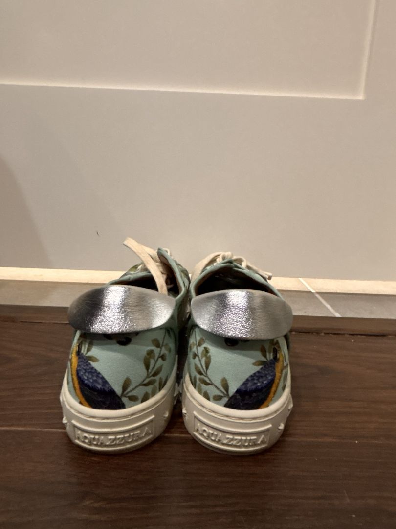 [Box in Back] Aquazzura Firenze Teal Multi-color Amazonia De Gournay Jacquard Sneakers, 39