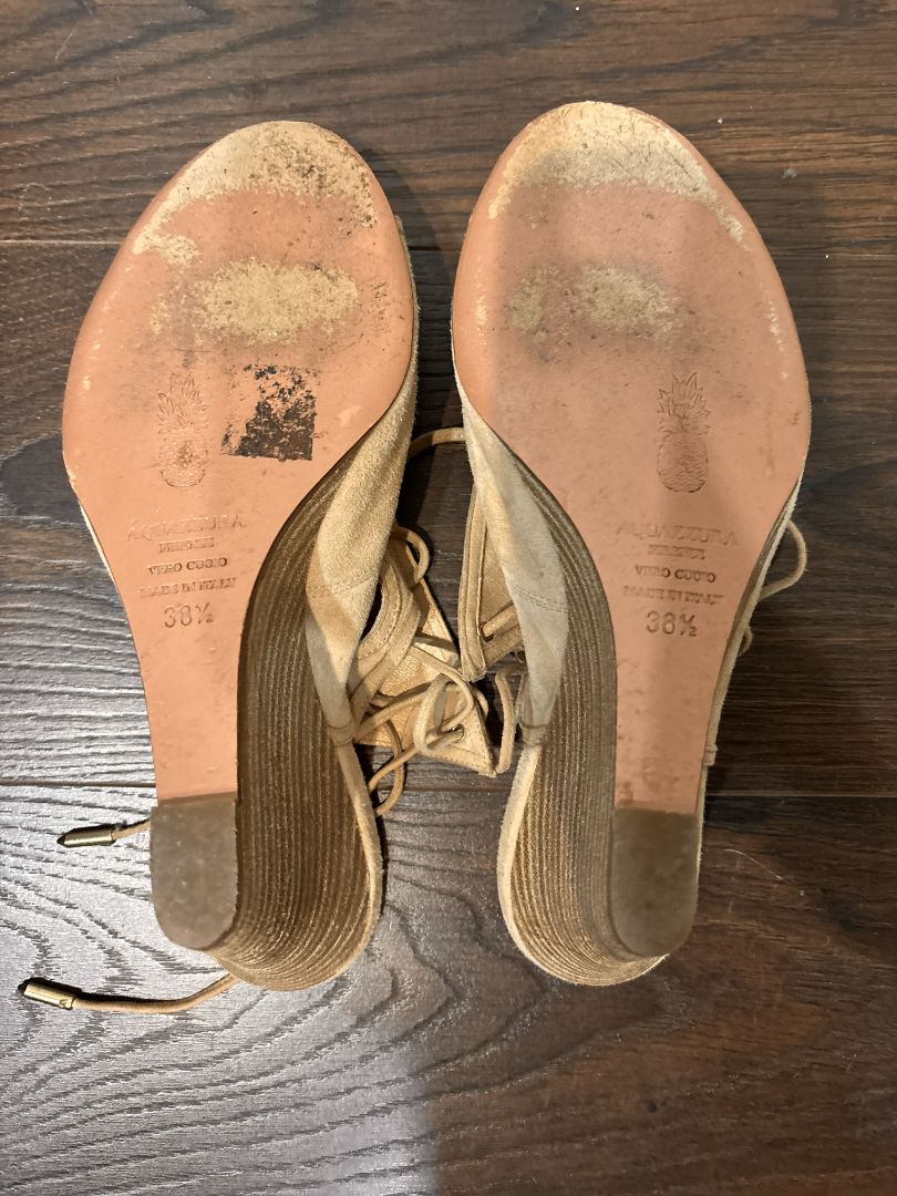 [Box in Back] Aquazzura Firenze Nude Sexy Thing Suede Wedge 85 Shoes, 8.5