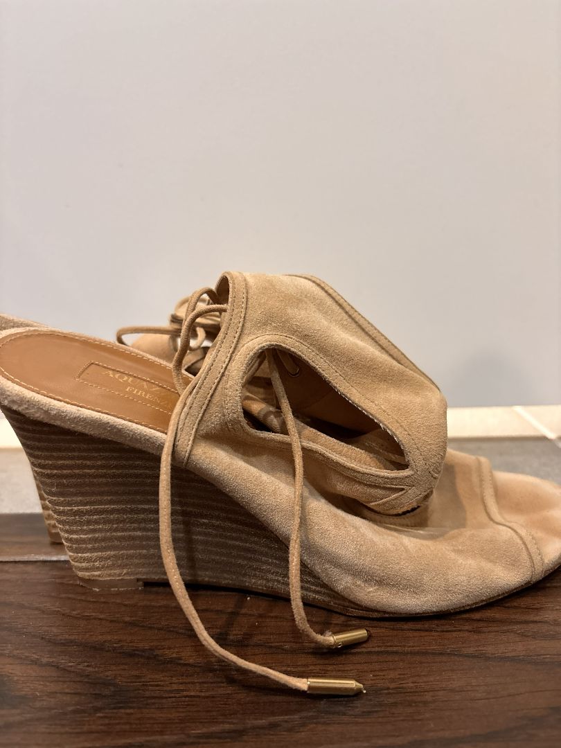 [Box in Back] Aquazzura Firenze Nude Sexy Thing Suede Wedge 85 Shoes, 8.5