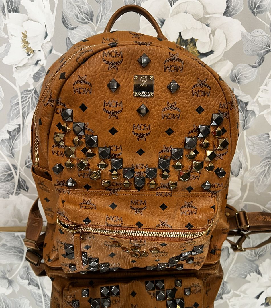 MCM Tan Stark Visetos Coated Canvas Studded Backpack