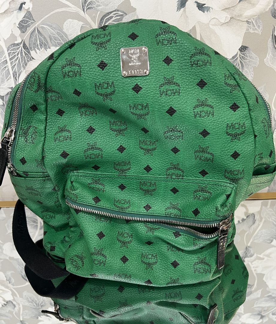 MCM Green Stark Visetos Coated Canvas Backpack