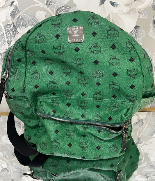 MCM Green Stark Visetos Coated Canvas Backpack