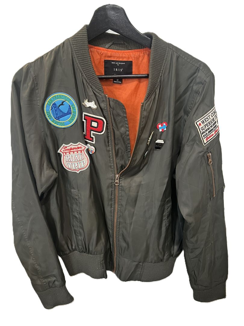Iris Los Angeles Army Green Satin Patch and Pin Detail Bomber Jacket, M